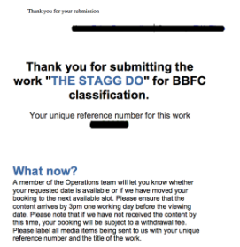 Screengrab of The Stagg Do submission to BBFC