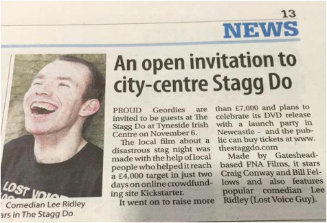Photograph from The Chronicle showing an article about The Stagg Do featuring an image of Lee Ridley (Lost Voice Guy)
